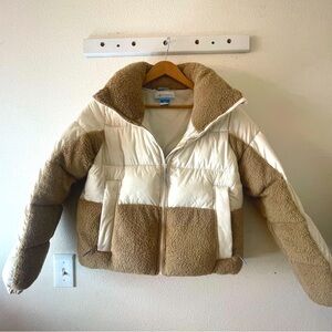 Cozy White and Tan Puffer Jacket